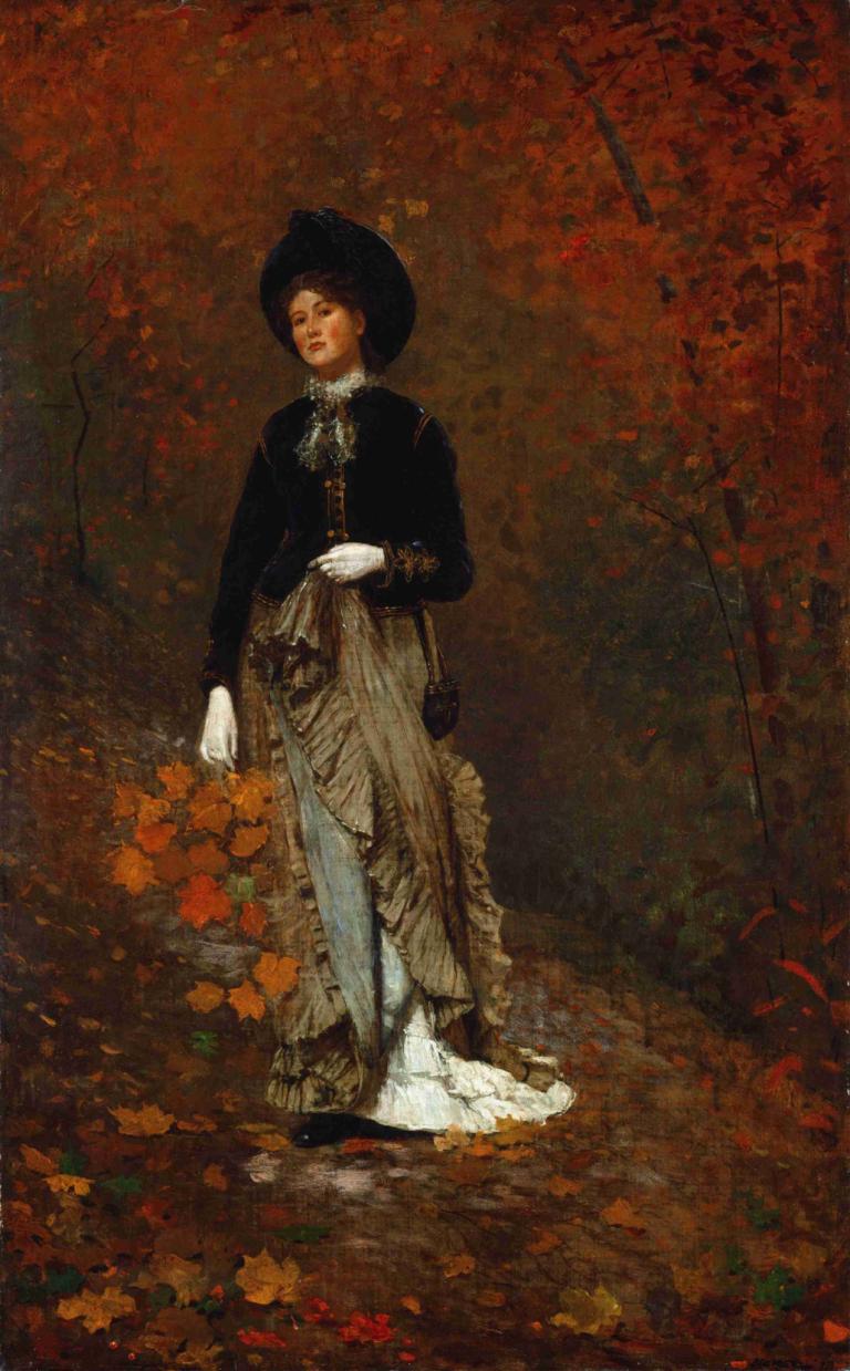 Autumn,Winslow Homer,Oil Painting,Oil Painting, 1girl, solo, hat, dress, gloves, black hair, short hair