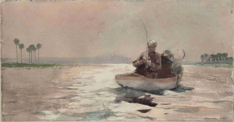 Bass Fishing - Florida,Winslow Homer,Oil Painting,Oil Painting, fishing rod, fishing, multiple boys, outdoors