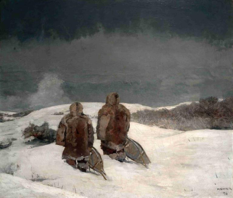 Below Zero,Winslow Homer,Oil Painting,Oil Painting, multiple boys, 2boys, snow, male focus, outdoors