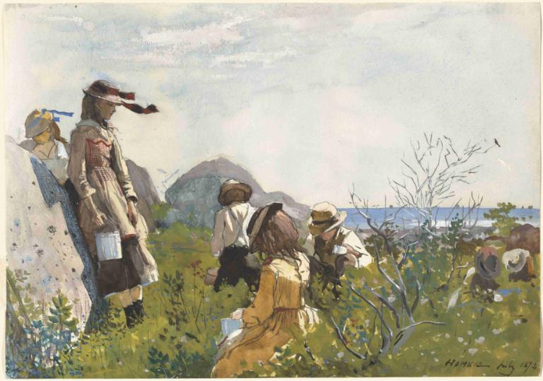 Berry Pickers,Winslow Homer,Oil Painting,Oil Painting, multiple girls, hat, tree, outdoors, brown hair