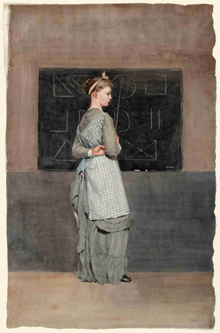 Blackboard,Winslow Homer,Oil Painting,Oil Painting, 1girl, solo, brown hair, standing, black footwear, apron