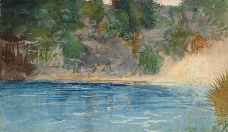 Blue Spring, Florida,Winslow Homer,Oil Painting,Oil Painting, tree, no humans, scenery, outdoors, water