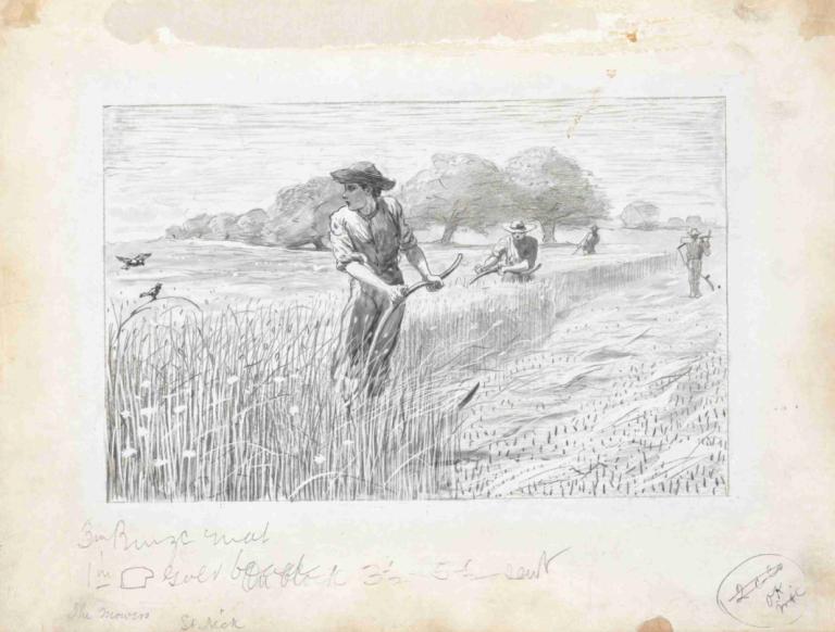 Bob’s Dilemma (or 'The Mowers'),Winslow Homer,Sketch,Sketch, multiple boys, monochrome, grass