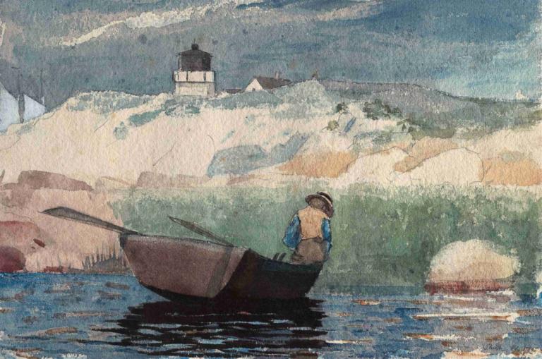 Boy in Boat, Gloucester,Winslow Homer,Oil Painting,Oil Painting, boat, watercraft, 1girl, solo, outdoors