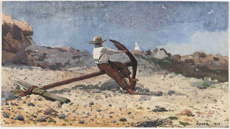 Boy with Anchor,Junge mit Anker,Winslow Homer,Ölgemälde,Ölgemälde, Hut, draußen, Felsen, 1Junge, Hemd, Himmel