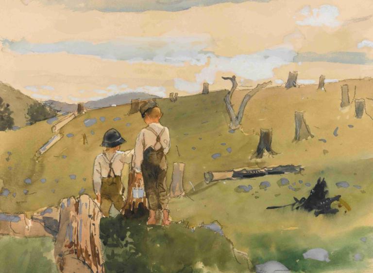 Boys On A Hillside,Fantje na pobočju hriba,Winslow Homer,Oljna slika,Oljna slika, na prostem, klobuk, majica