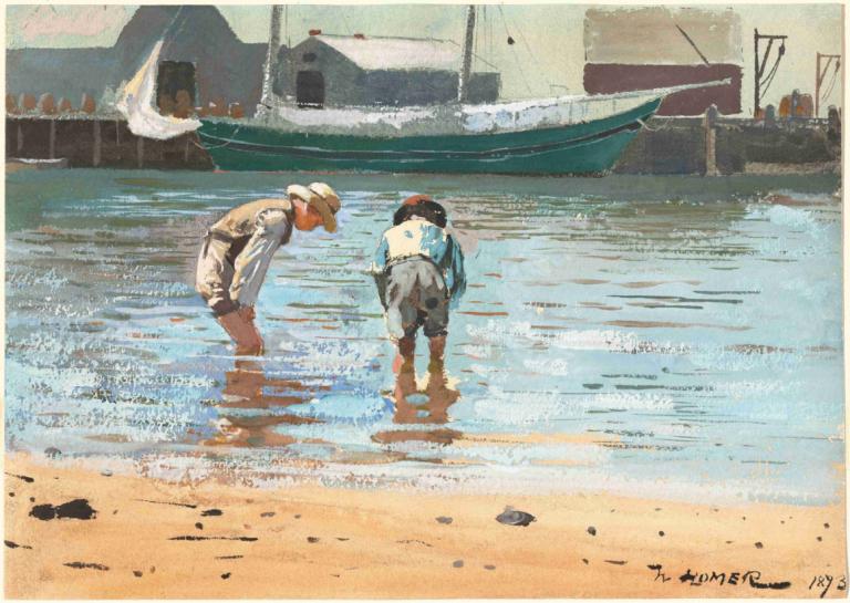 Boys Wading,Winslow Homer,Oil Painting,Oil Painting, outdoors, watercraft, 2boys, multiple boys, boat, water