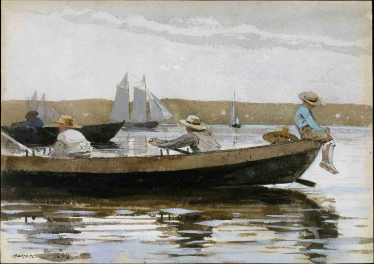 Boys in a Dory,Gutter i en Dory,Winslow Homer,Oljemaleri,Oljemaleri, båt, vannscooter, hatt, flere gutter