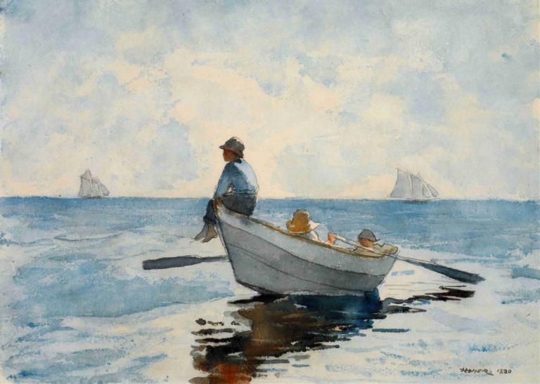 Boys in a Dory,Winslow Homer,Öljymaalaus,Öljymaalaus, vene, vesikulkuneuvot, ulkona, pilvi, taivas