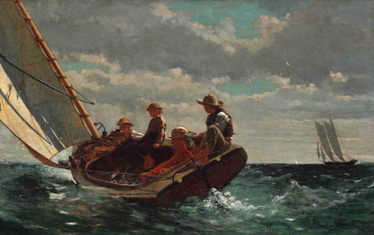 Breezing Up (A Fair Wind),Winslow Homer,Oil Painting,Oil Painting, watercraft, boat, multiple boys, cloud