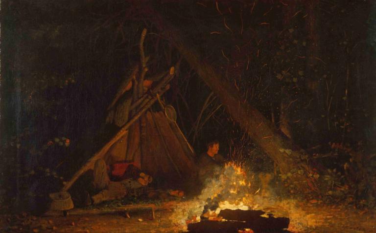 Camp Fire,Winslow Homer,Oil Painting,Oil Painting, fire, tree, watercraft, scenery, outdoors, boat, burning