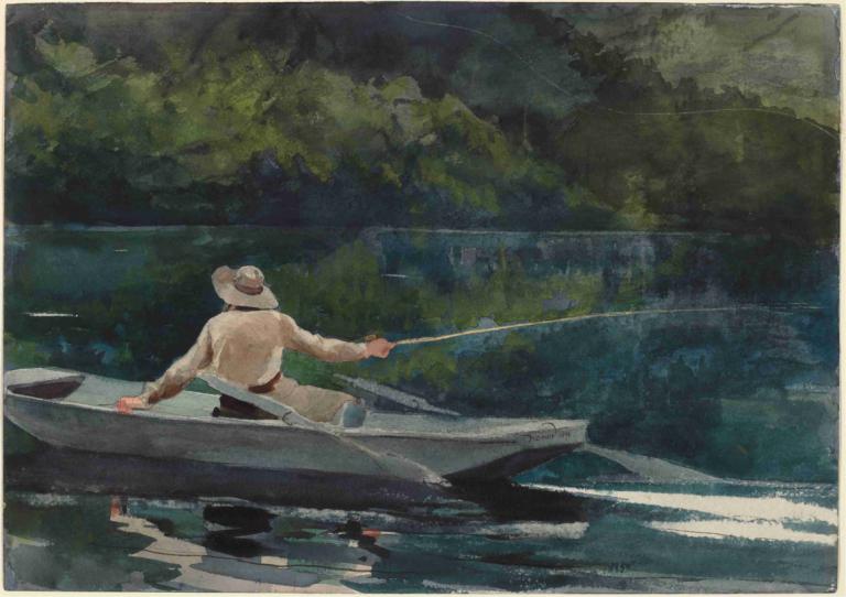 Casting, Number Two,Winslow Homer,Oil Painting,Oil Painting, male focus, 1boy, solo, fishing rod, boat