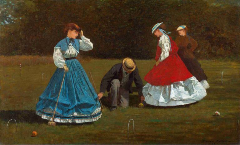 Croquet Scene,Krokket scene,Winslow Homer,Oljemaleri,Oljemaleri, flere jenter, hatt, kjole, lange ermer