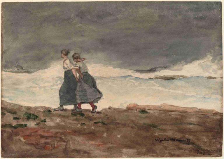 Danger,Fare,Winslow Homer,Oljemaleri,Oljemaleri, flere jenter, 2 jenter, skjorte, skjørt, hvit skjorte