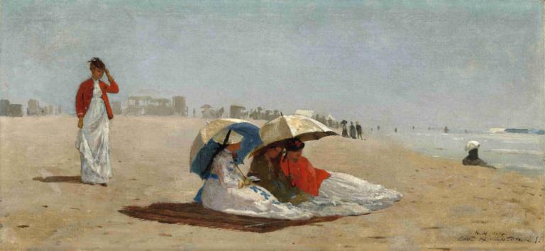 East Hampton Beach,Long Island,East Hampton Beach, Long Island,Winslow Homer,Oljemaleri,Oljemaleri, paraply