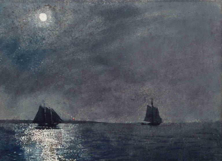 Eastern Point Light,Winslow Homer,Oil Painting,Oil Painting, moon, watercraft, boat, night, sky, scenery