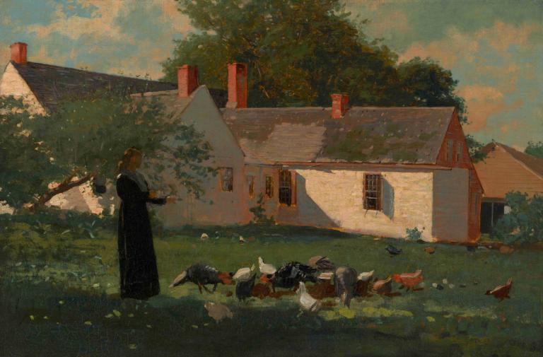 Farmyard Scene,Winslow Homer,Oil Painting,Oil Painting, outdoors, house, 1girl, tree, grass, bird, building