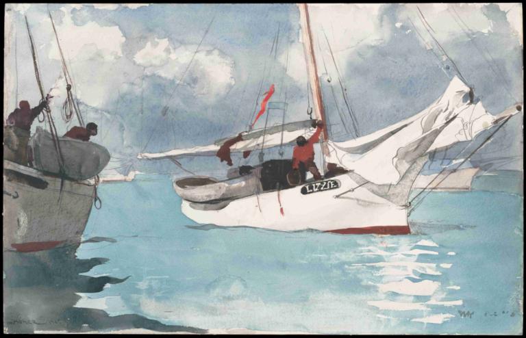 Fishing Boats, Key West,Winslow Homer,Oil Painting,Oil Painting, watercraft, cloud, sky, boat, multiple boys