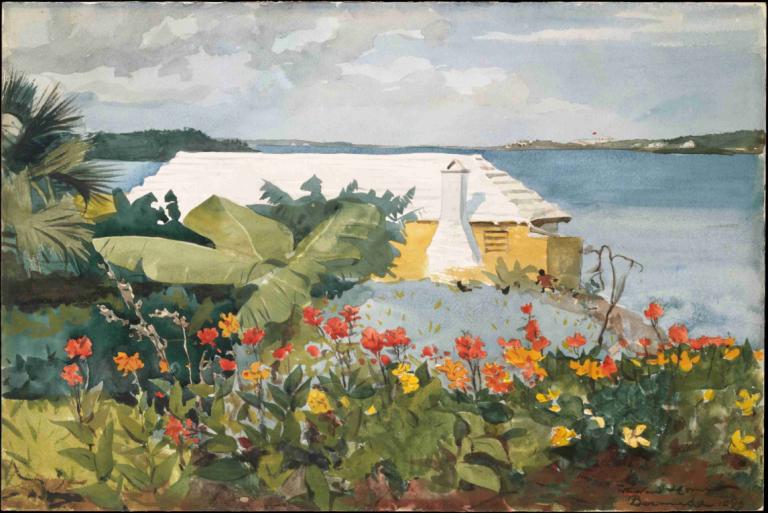 Flower Garden and Bungalow, Bermuda,フラワーガーデン＆バンガロー、バミューダ,Winslow Homer,ウィンスロー・ホーマー,油絵,油絵, 屋外, 花, 人間がいない, 景色