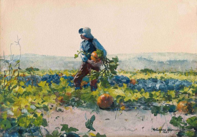 For to Be a Farmer's Boy,農家の少年になるために,Winslow Homer,ウィンスロー・ホーマー,油絵,油絵, 屋外, 男の子1名, 帽子, 男性の焦点, パンツ, ソロ, 従来のメディア