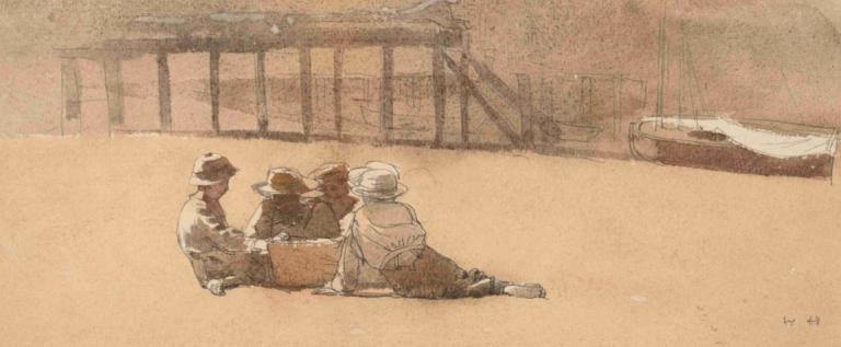 Four Boys on a Beach,Fire gutter på en strand,Winslow Homer,Oljemaleri,Oljemaleri, flere gutter, hatt, sitter