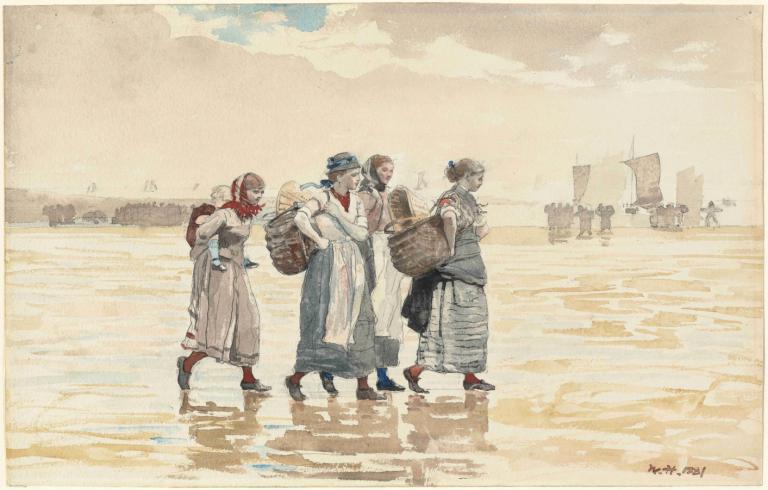 Four Fishwives on the Beach,Fire fiskefruer på stranden,Winslow Homer,Oljemaleri,Oljemaleri, flere gutter