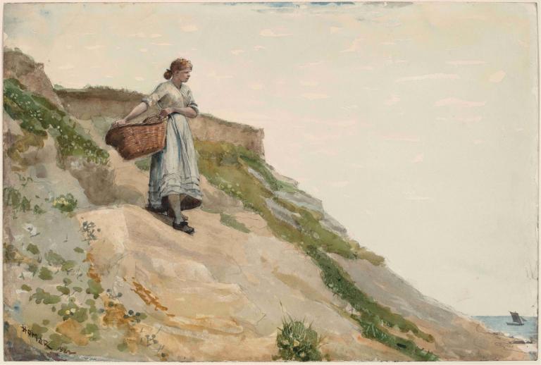 Girl Carrying a Basket,Flicka som bär en korg,Winslow Homer,Oljemålning,Oljemålning, 1 tjej, korg, solo