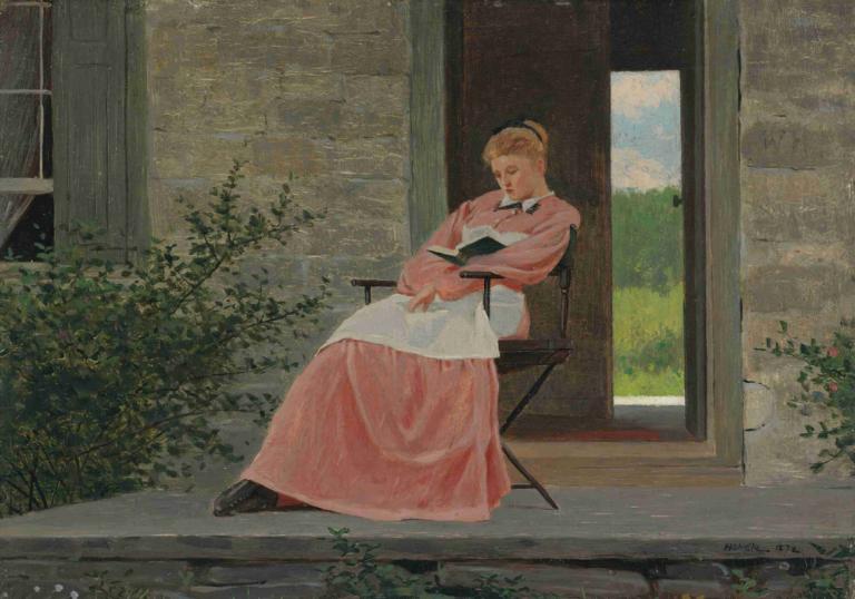 Girl Reading On A Stone Porch,Flicka som läser på en stenveranda,Winslow Homer,Oljemålning,Oljemålning