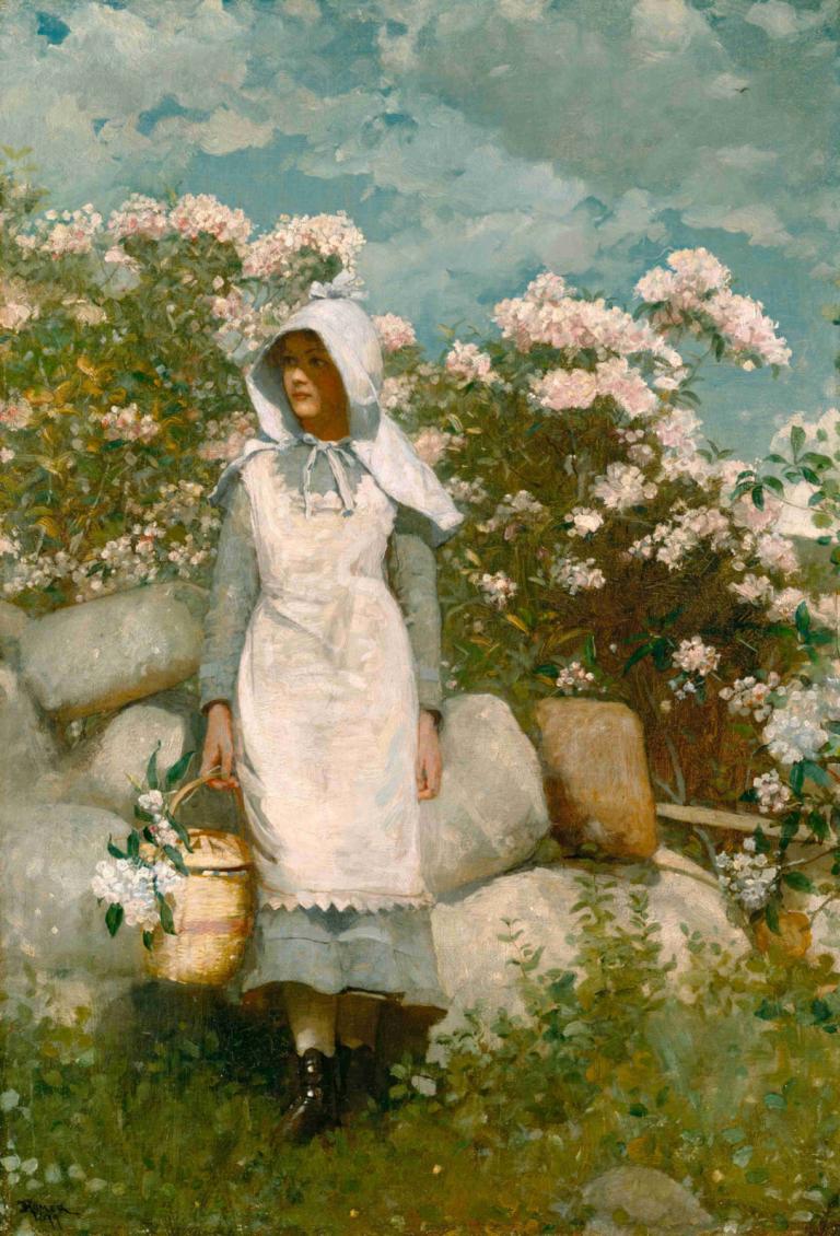 Girl and Laurel,Jente og Laurel,Winslow Homer,Oljemaleri,Oljemaleri, 1 jente, blomst, solo, forkle, kjole