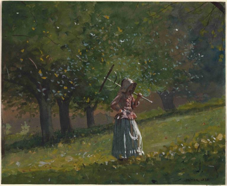 Girl with Hay Rake,Flicka med höskrinda,Winslow Homer,Oljemålning,Oljemålning, solo, utomhus, träd, 1 tjej