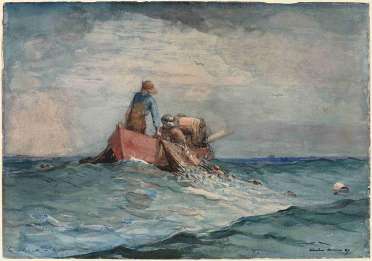 Hauling in the Nets,Att dra in Nets,Winslow Homer,Oljemålning,Oljemålning, hav, traditionella medier