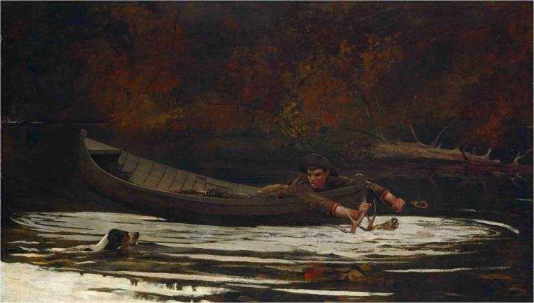 Hound and Hunter,사냥꾼과 사냥꾼,Winslow Homer,윈슬로우 호머,오일 페인팅,오일 페인팅, 선박, 보트, 물, 남성 집중, 나무, 옥외, 여러 소년, 흑발, 모자, 거짓말하는