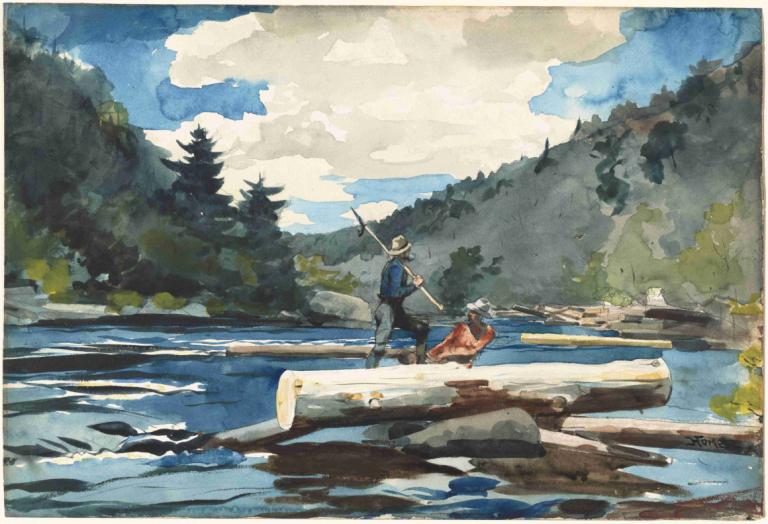 Hudson River, Logging,허드슨 강, 벌목,Winslow Homer,윈슬로우 호머,오일 페인팅,오일 페인팅, 옥외, 나무, 구름, 전통 미디어, 하늘, 경치, 모자, 회화 (중)