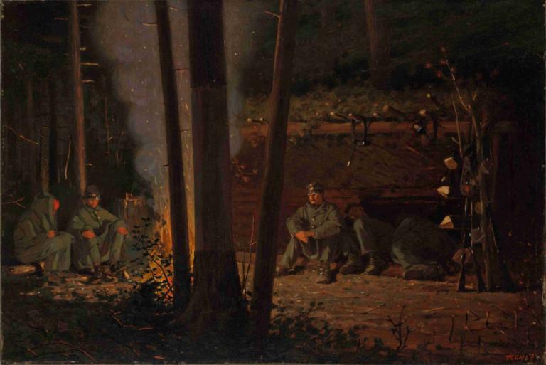 In Front of Yorktown,요크타운 앞,Winslow Homer,윈슬로우 호머,오일 페인팅,오일 페인팅, 자연, 숲, 여러 소년, 나무, 좌석, 옥외, 어두운