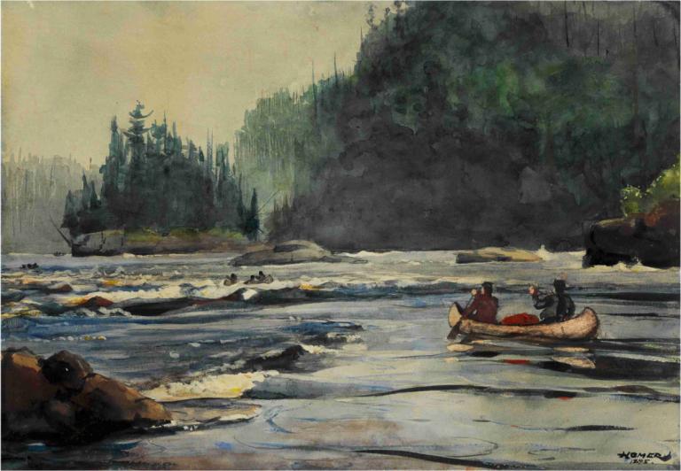 In the Rapids,래피즈에서,Winslow Homer,윈슬로우 호머,오일 페인팅,오일 페인팅, 옥외, 물, 전통 미디어, 경치, 바위, 자연, 나무, 강, 가짜 전통 미디어