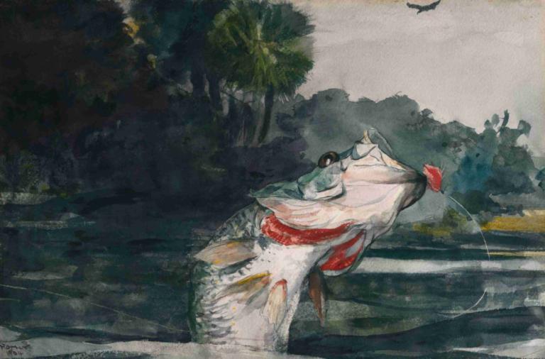 Life-Size Black Bass,Schwarzbarsch in Lebensgröße,Winslow Homer,Ölgemälde,Ölgemälde, 1Mädchen, draußen