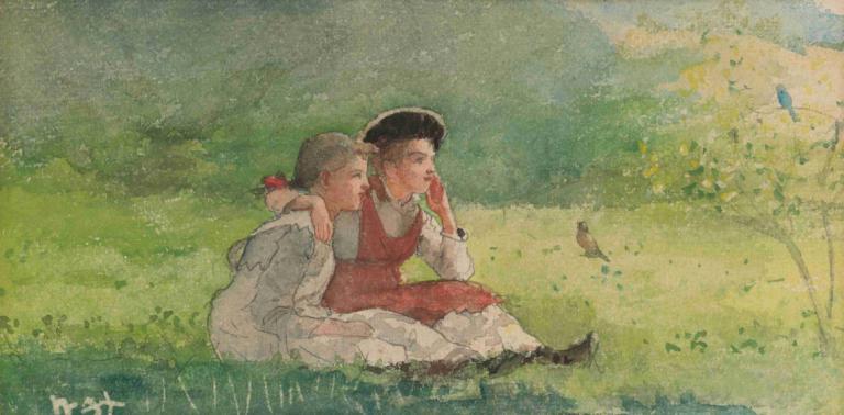 Listening To The Birds,Słuchanie ptaków,Winslow Homer,Obraz olejny,Obraz olejny, posiedzenie, na dworze