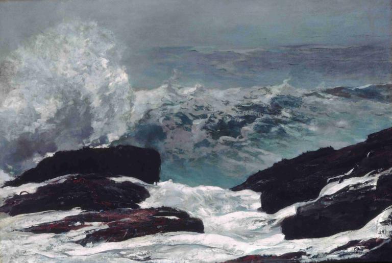 Maine Coast,緬因州海岸,Winslow Homer,溫斯洛·荷馬,油畫,油畫, 沒有人類, 風景, 雲, 戶外, 天空, 多雲的天空, 波浪, 傳統媒體, 灰色的天空, 山