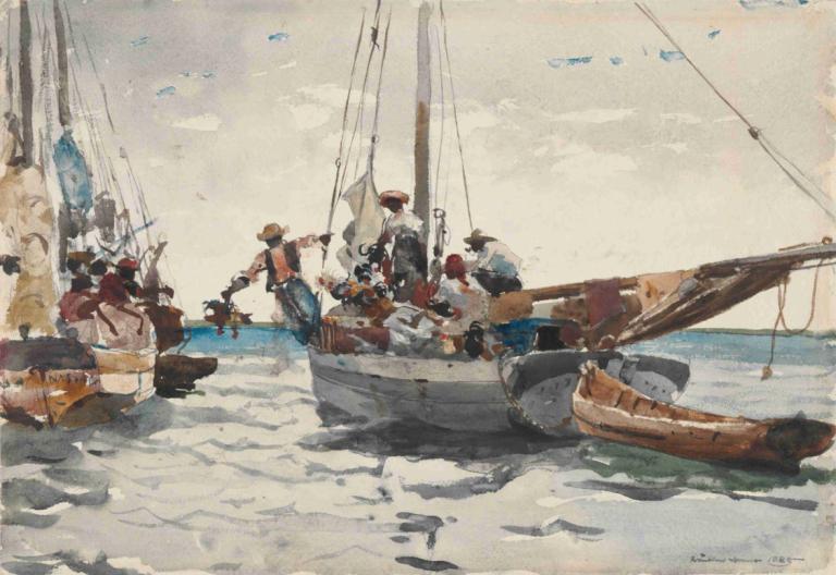 Market Scene, Nassau,Winslow Homer,Oil Painting,Oil Painting, multiple boys, watercraft, traditional media