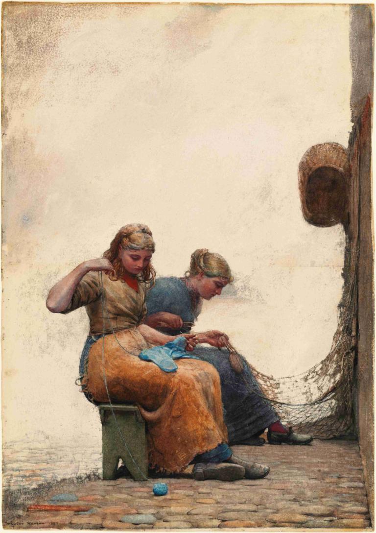 Mending the Nets,Naprawianie sieci,Winslow Homer,Obraz olejny,Obraz olejny, posiedzenie, sukienka