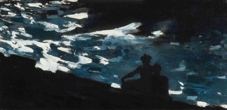 Moonlight on the Water,水上月光,Winslow Homer,溫斯洛·荷馬,油畫,油畫, 黑暗的, 輪廓, 獨奏, 坐著, 風景, 1男孩, 陰影, 男性焦點