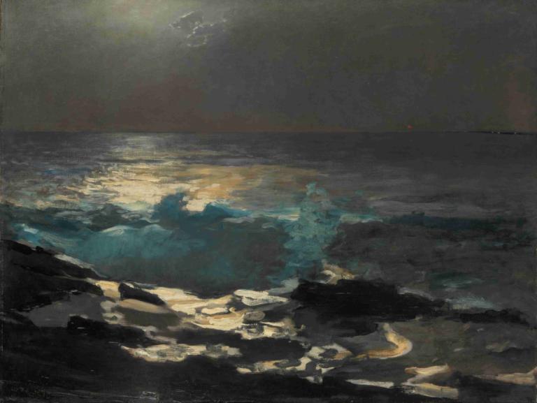 Moonlight, Wood Island Light,달빛, 우드 아일랜드 라이트,Winslow Homer,윈슬로우 호머,오일 페인팅,오일 페인팅, 인간은 없어, 경치, 옥외, 대양, 물, 파도