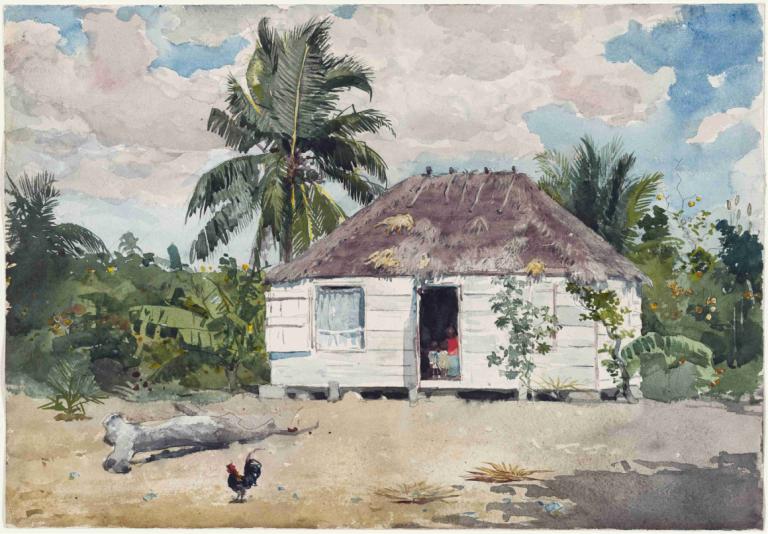 Native hut at Nassau,拿騷的原住民小屋,Winslow Homer,溫斯洛·荷馬,油畫,油畫, 樹, 戶外, 雲, 天空, 風景, 棕櫚樹, 天, 傳統媒體, 植物, 大樓, 多雲的天空, 狗