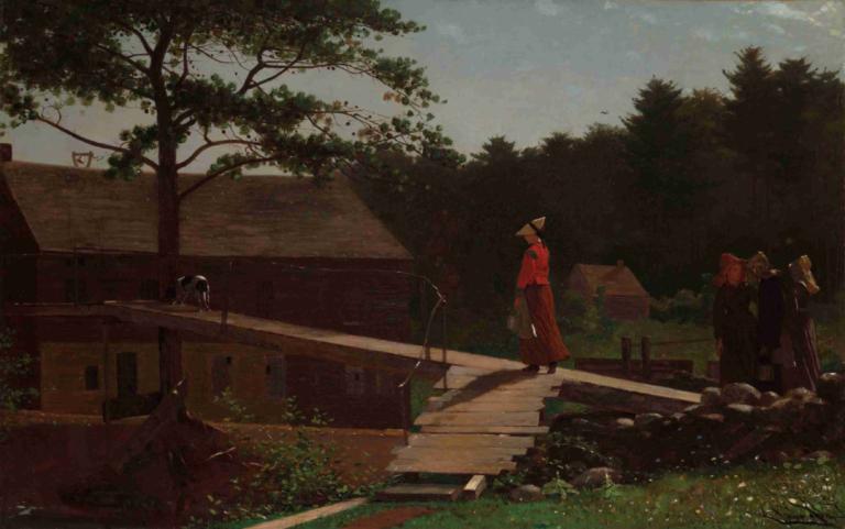 Old Mill (The Morning Bell),올드 밀(모닝 벨),Winslow Homer,윈슬로우 호머,오일 페인팅,오일 페인팅, 옥외, 나무, 모자, 하늘, 경치, 여러 소년, 잔디