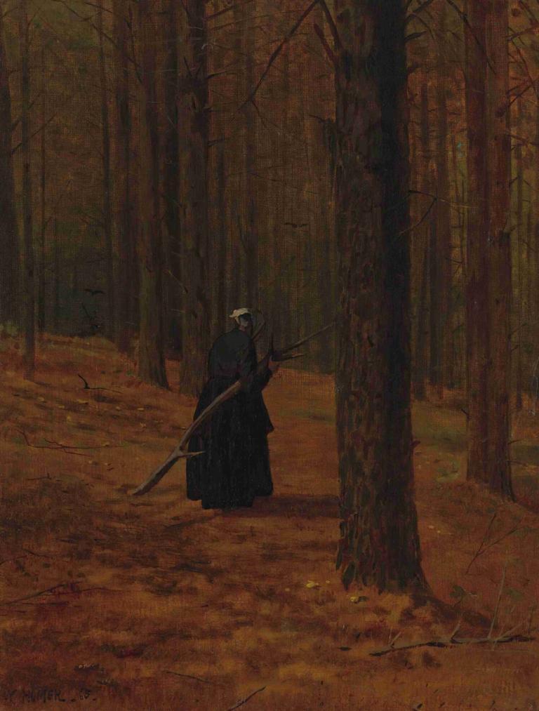 Old Woman Gathering Faggots,Gammal kvinna samlar bögar,Winslow Homer,Oljemålning,Oljemålning, solo, träd