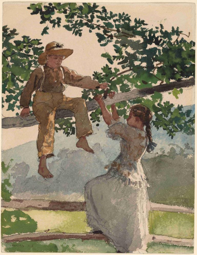 On the Fence,На заборе,Winslow Homer,Уинслоу Гомер,Картина Маслом,Картина Маслом, босиком, коса, одеваться