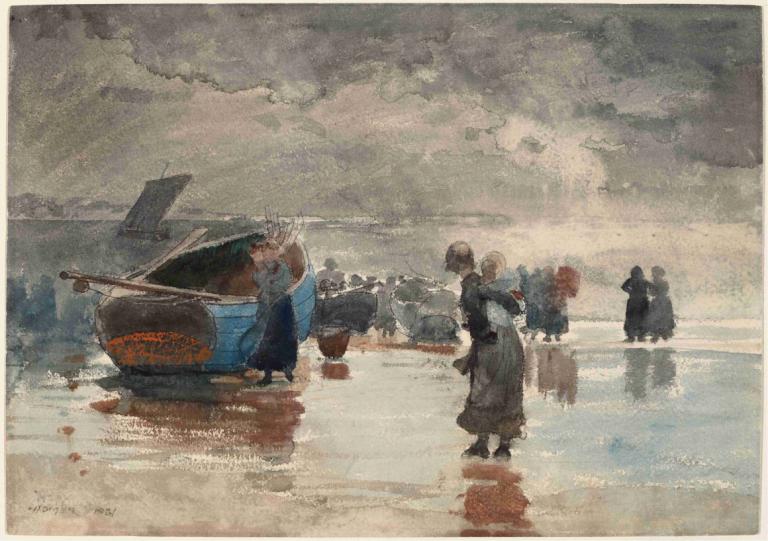 On the Sands,모래사장에서,Winslow Homer,윈슬로우 호머,오일 페인팅,오일 페인팅, 여러 소년, 자동차, 옥외, 지상 차량, 여러 여자, 자동차, 구름, 드레스