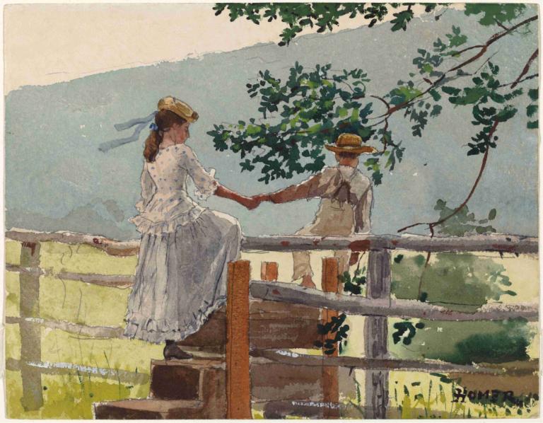 On the Stile,На шпильке,Winslow Homer,Уинслоу Гомер,Картина Маслом,Картина Маслом, шапка, на открытом воздухе