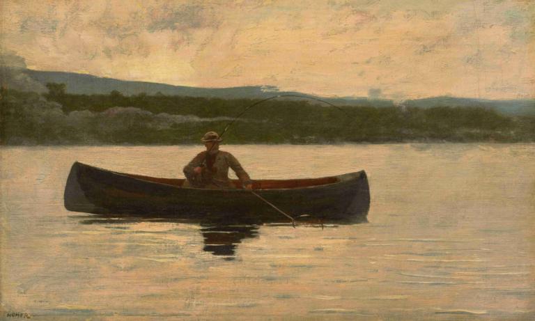 Playing a ish,Winslow Homer,Oil Painting,Oil Painting, boat, male focus, 1boy, watercraft, solo, fishing rod