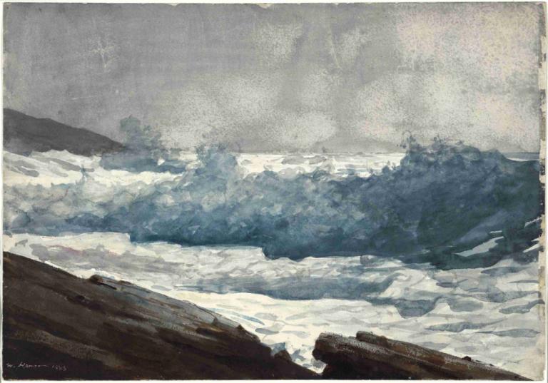 Prout's Neck, Breakers,Winslow Homer,Oil Painting,Oil Painting, no humans, scenery, cloud, outdoors, mountain